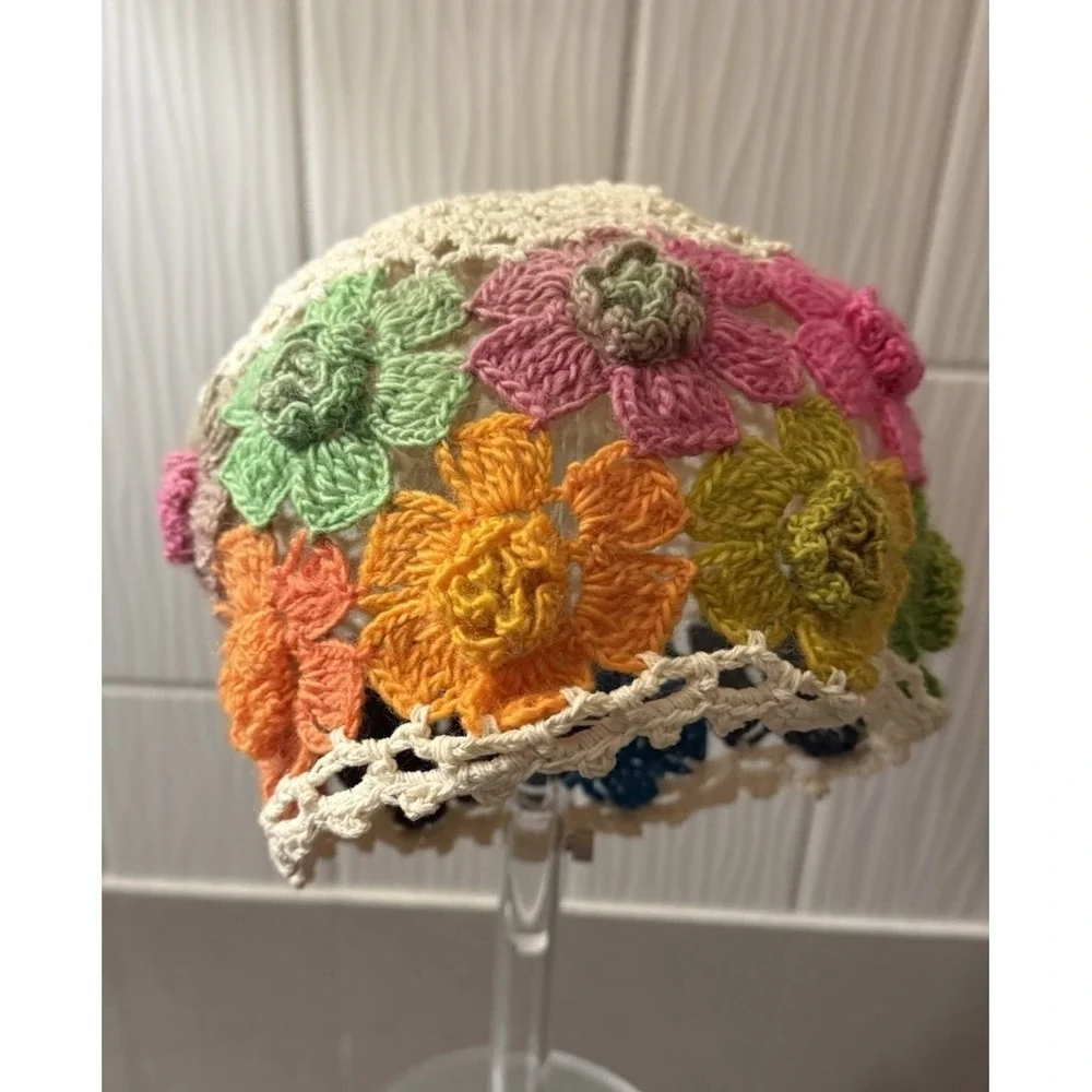 Multicolor 3D Crochet Flower Bucket Hat Beanie Boho Cloche Cottagecore Handmade